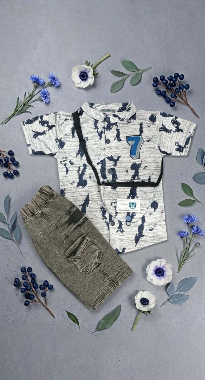 Kids "Number 7" Abstract Print Shirt & Cargo Shorts Set - Olive Green & Royal Blue colours