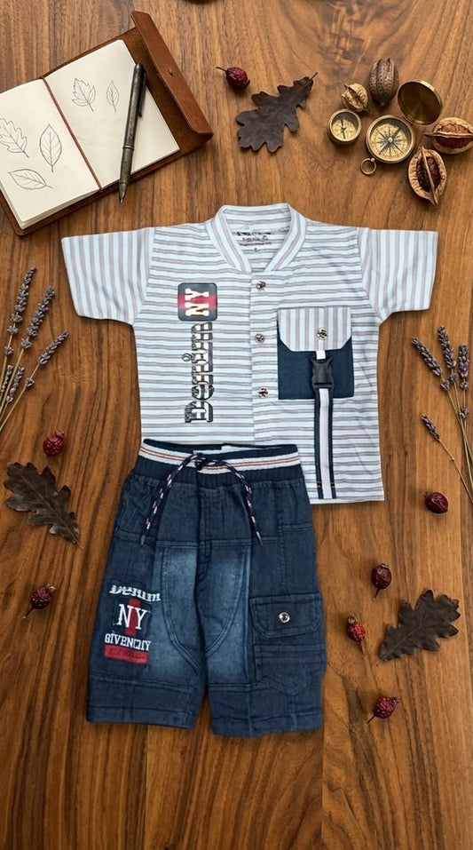 Kids "Denim NY" Striped Tee & Cargo Shorts Set - Light Yellow & Light blue Colours