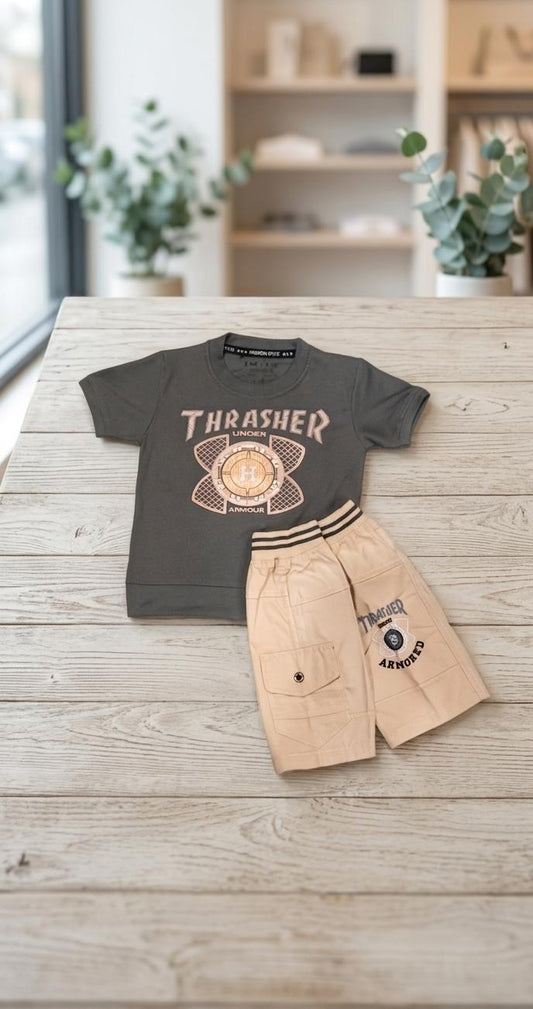 Kids "Thrasher" Graphic Tee & Khaki Cargo Shorts Set - Orange & Charcoal GREY COLOURS