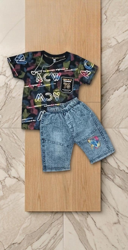 Kids "ACW" Camo Graphic Tee & Acid Wash Denim Shorts Set- Multi colour shirt