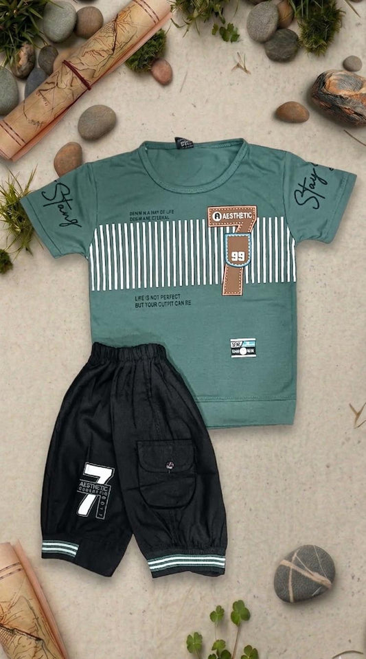 Kids "Aesthetic 99" Striped Graphic Tee & Black Jogger Shorts Set - Red & Sea Green Colours