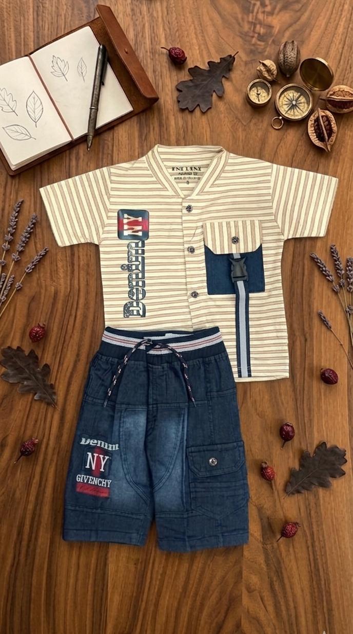 Kids "Denim NY" Striped Tee & Cargo Shorts Set - Light Yellow & Light blue Colours