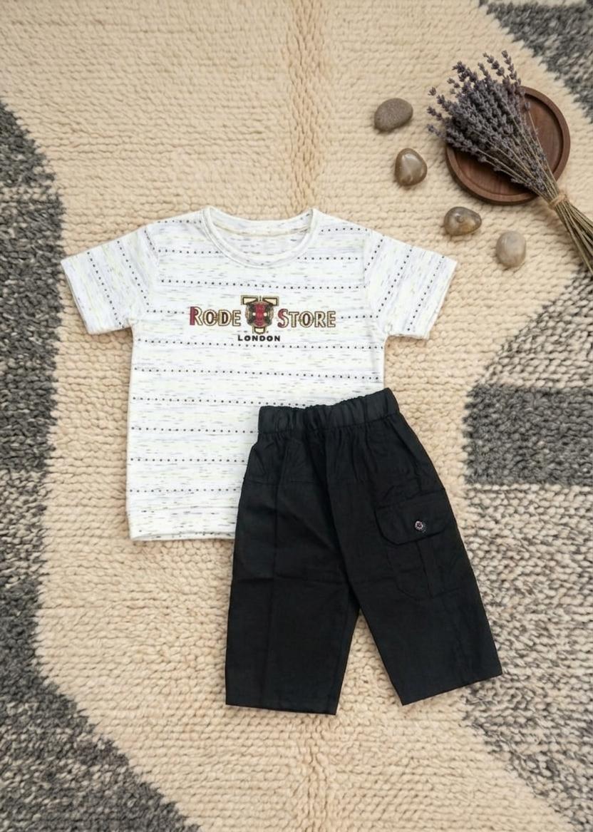 Kids "Rode Store London" Printed Tee & Black Cargo Shorts Set- White with lines