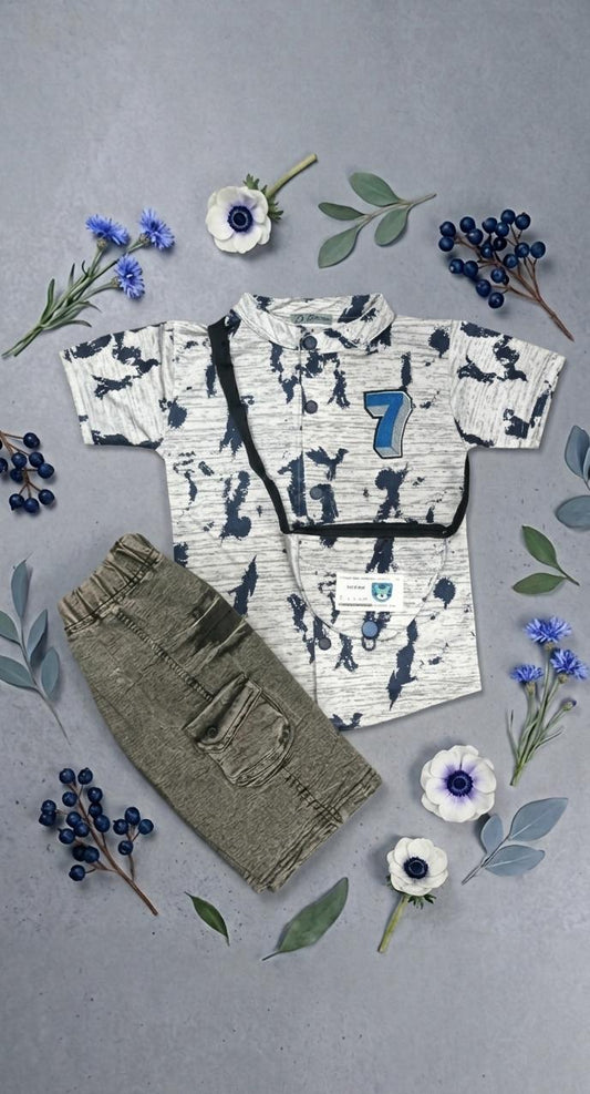Kids "Number 7" Abstract Print Shirt & Cargo Shorts Set - Olive Green & Royal Blue colours