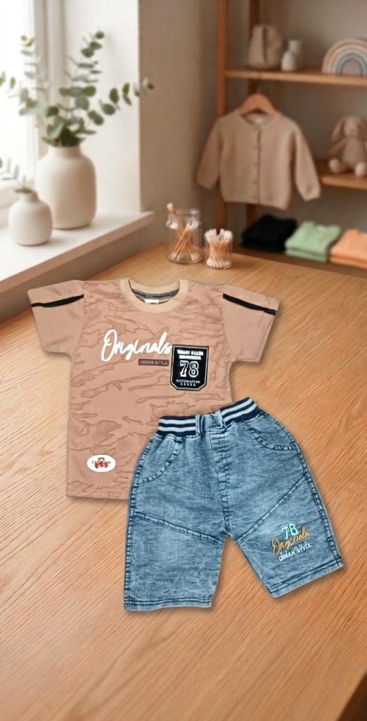 Kids "Originals 78" Camo Print Tee & Acid Wash Denim Shorts Set - Brown