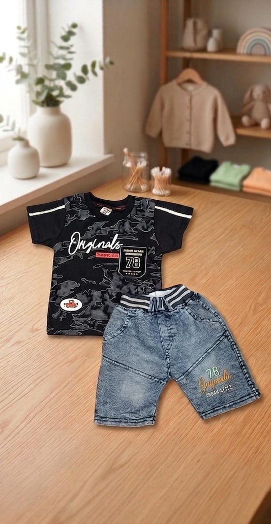 Kids "Originals 78" Camo Print Tee & Acid Wash Denim Shorts Set - Black