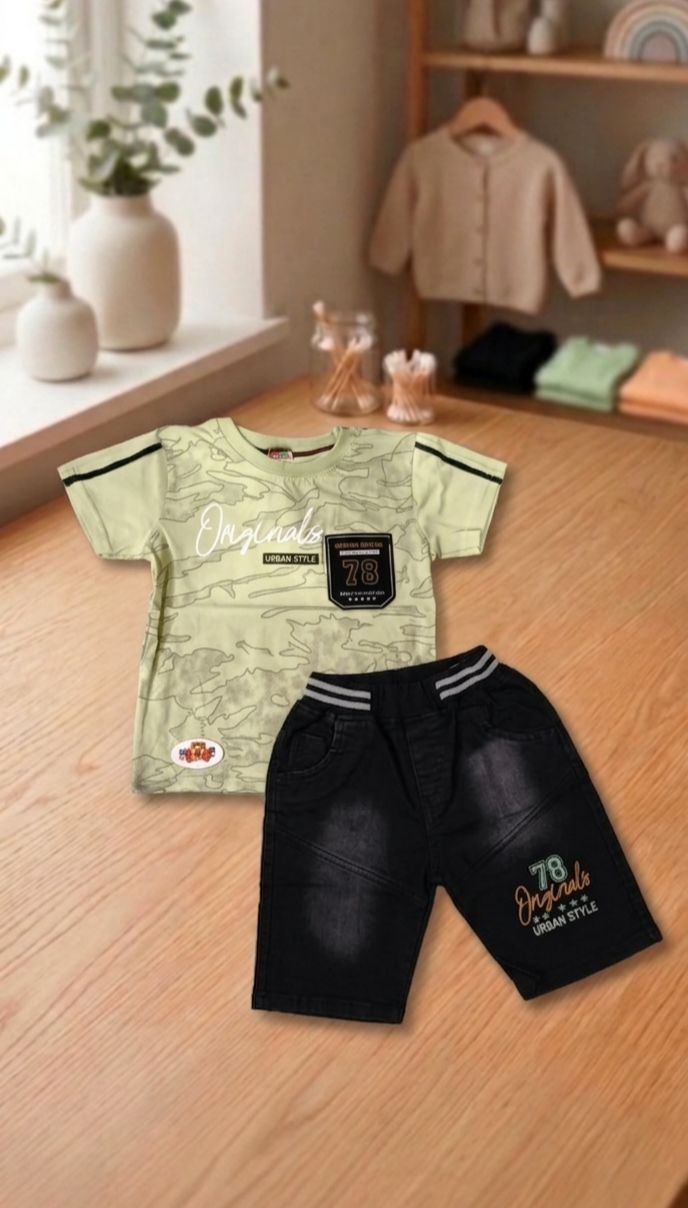 Kids "Originals 78" Camo Print Tee & Black Denim Shorts Set - Mint Green