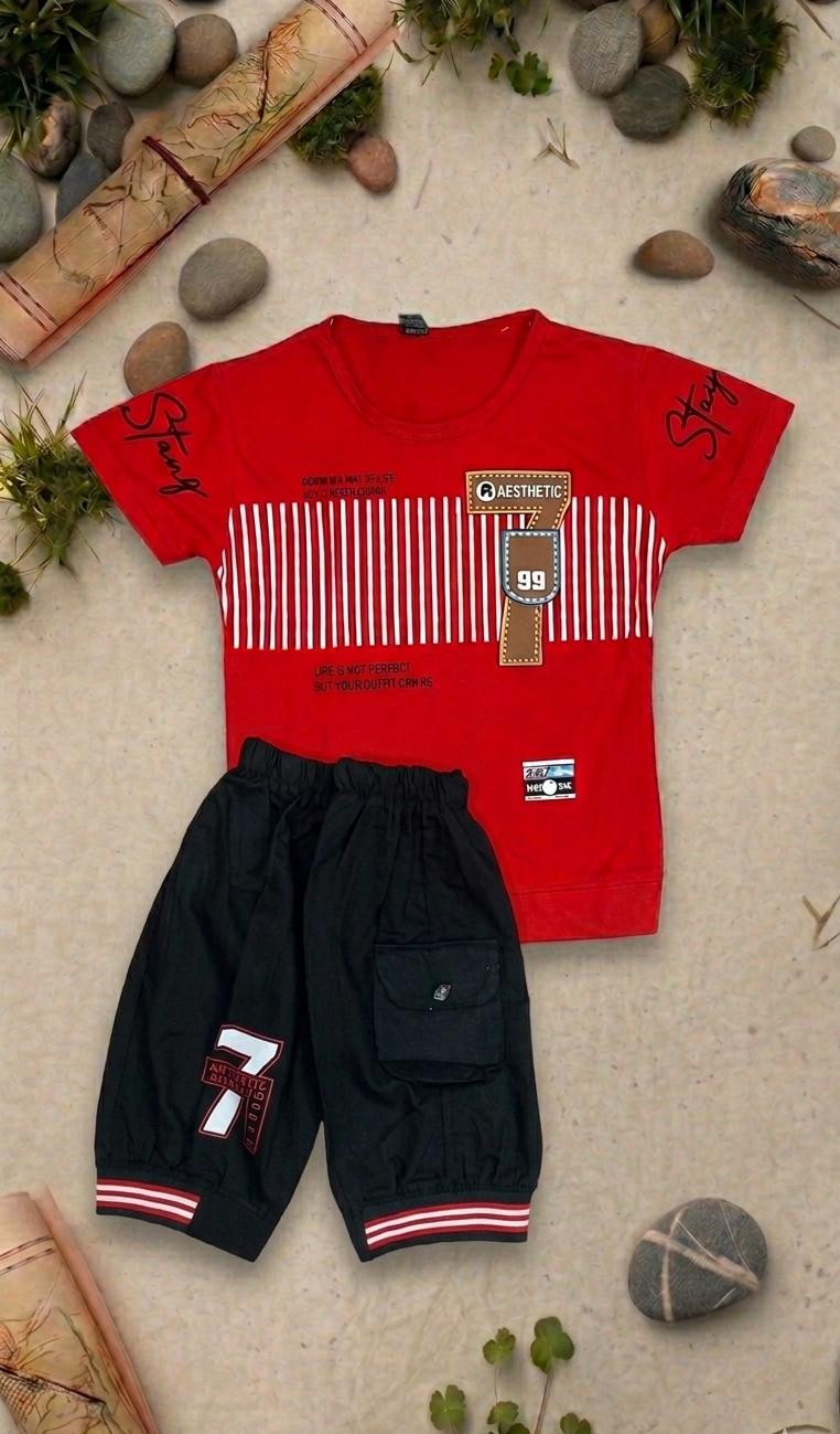 Kids "Aesthetic 99" Striped Graphic Tee & Black Jogger Shorts Set - Red & Sea Green Colours