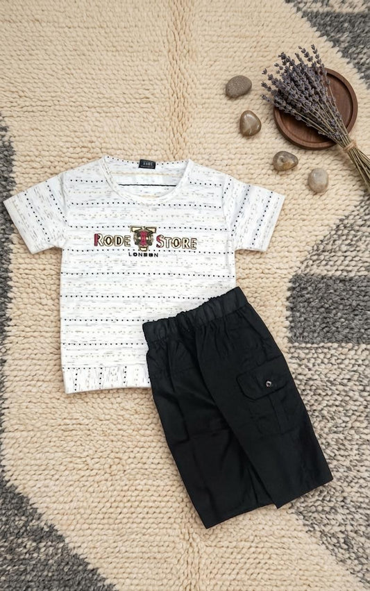 Kids "Rode Store London" Printed Tee & Black Cargo Shorts Set- White with lines