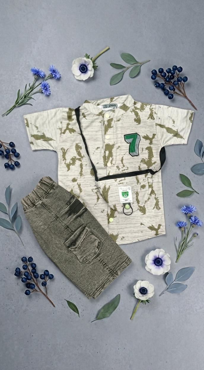 Kids "Number 7" Abstract Print Shirt & Cargo Shorts Set - Olive Green & Royal Blue colours