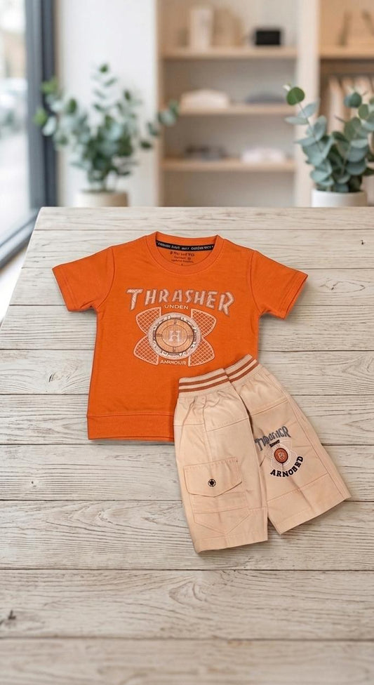 Kids "Thrasher" Graphic Tee & Khaki Cargo Shorts Set - Orange & Charcoal GREY COLOURS