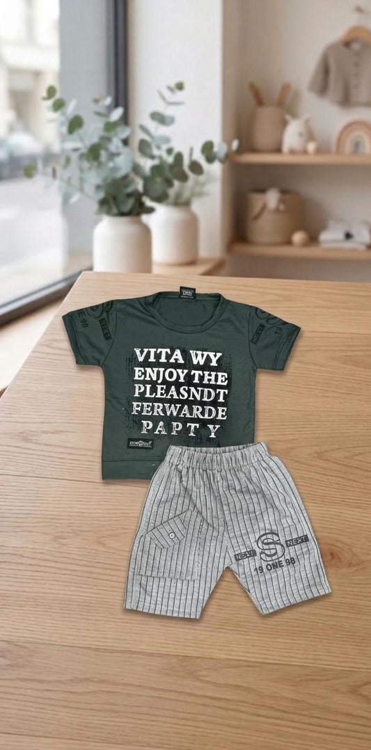 Kids "Vita Wy" Graphic Tee & Striped Cargo Shorts Set - Dark Green & Beige colours